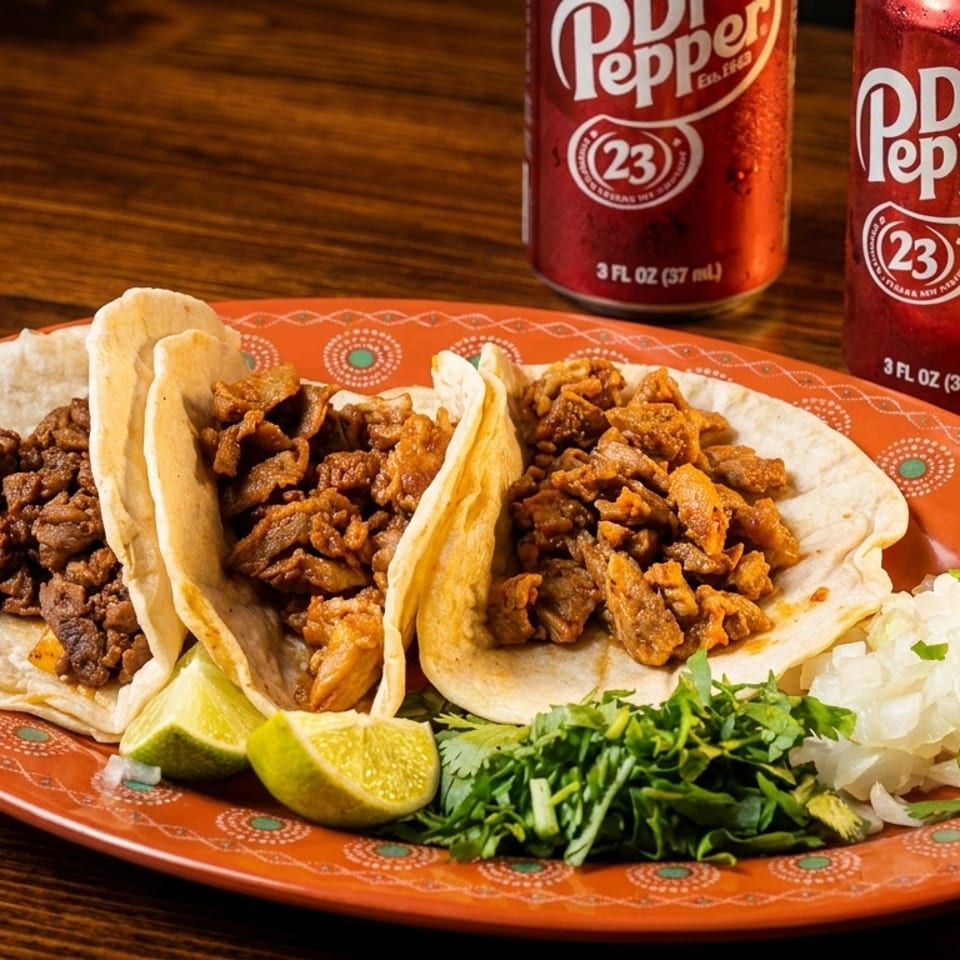 Three tacos with meat, lime, cilantro, and onions on an orange plate, with two Dr. Pepper cans.