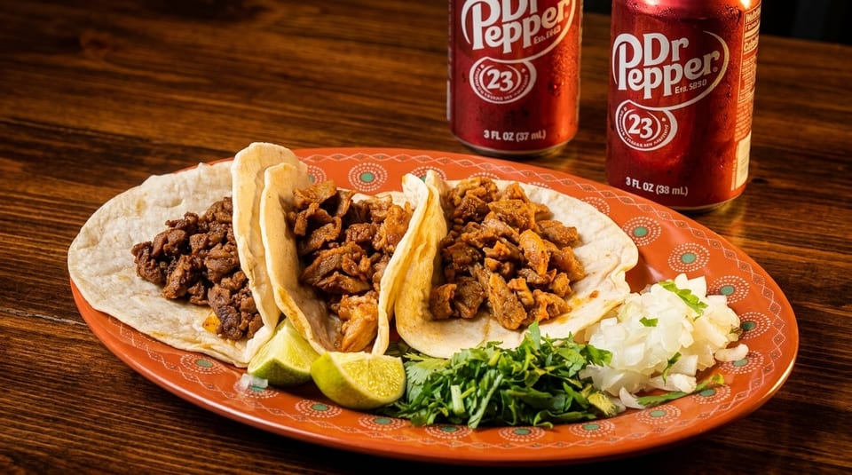 Three tacos with meat, lime, cilantro, and onions on an orange plate, with two Dr. Pepper cans.