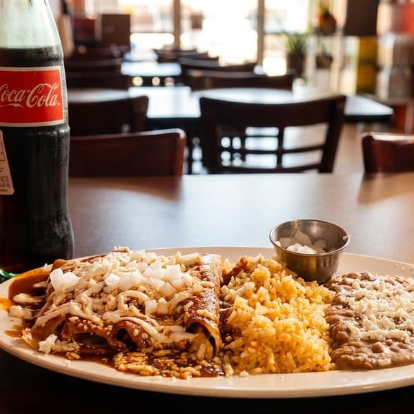 A plate of enchiladas with rice and beans, and a glass bottle of Coca-Cola on a restaurant table.