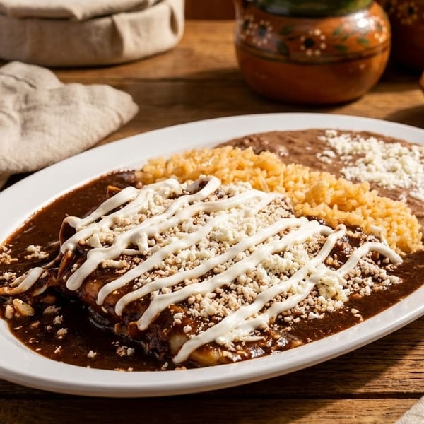 Enchiladas with mole sauce, rice, and refried beans on a white plate, with limes and cilantro.