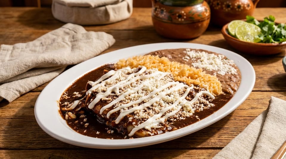 Enchiladas with mole sauce, rice, and refried beans on a white plate, with limes and cilantro.