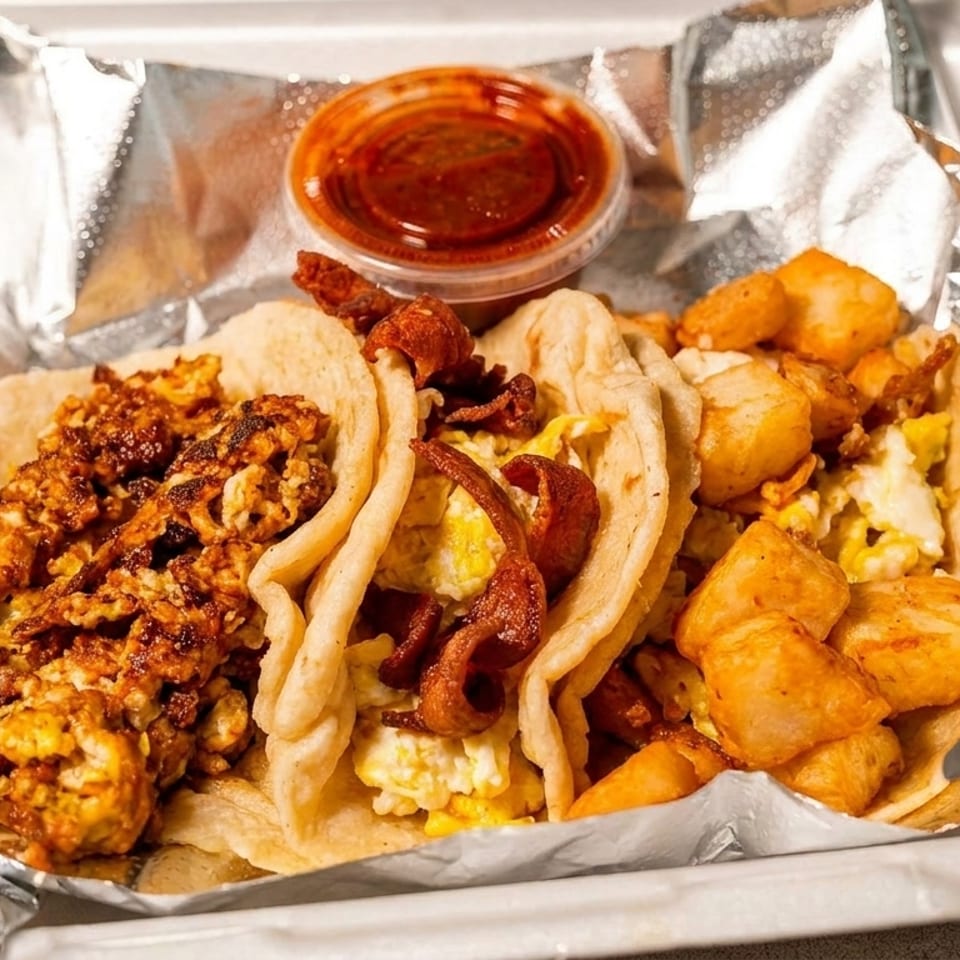 Three breakfast tacos with eggs, bacon, and potatoes, served with salsa in a to-go container.